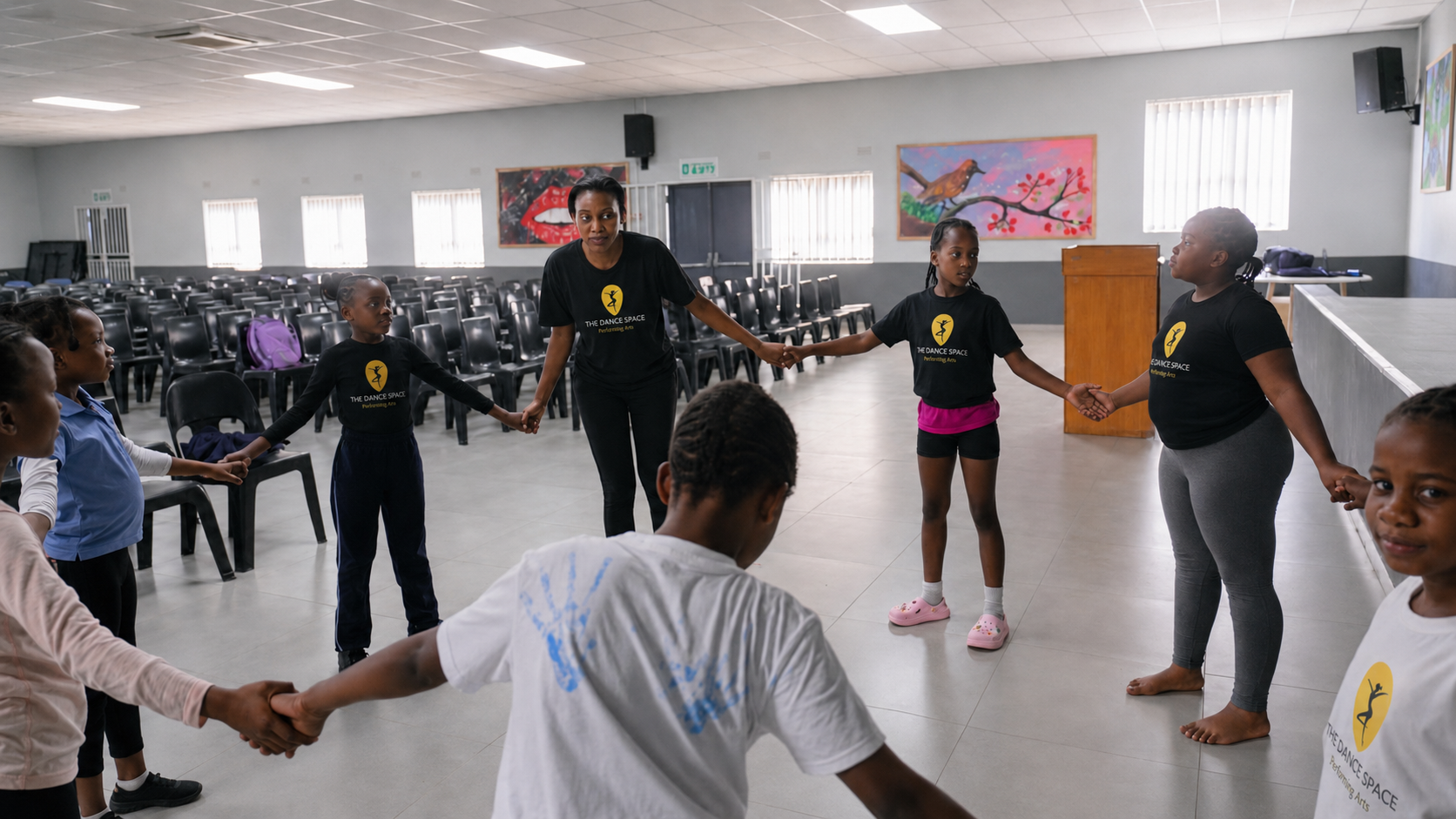 A Dance Space coach leading learners in a warm-up circle inside a school hall