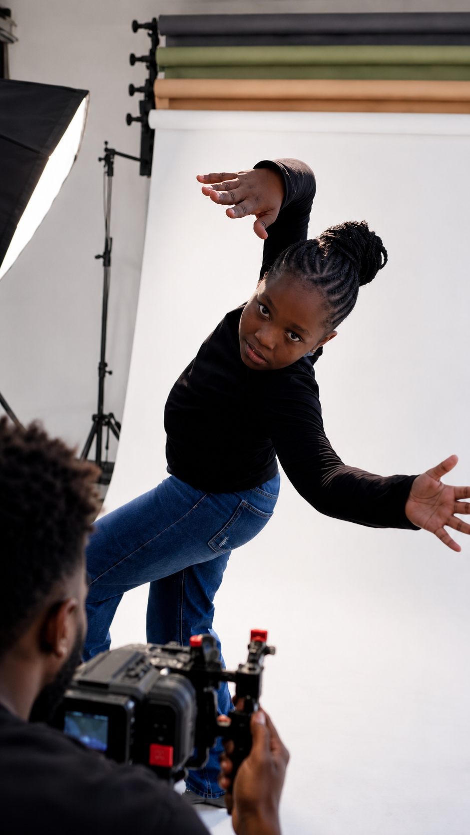 A Dance Space learner performing for the camera during a professional studio shoot